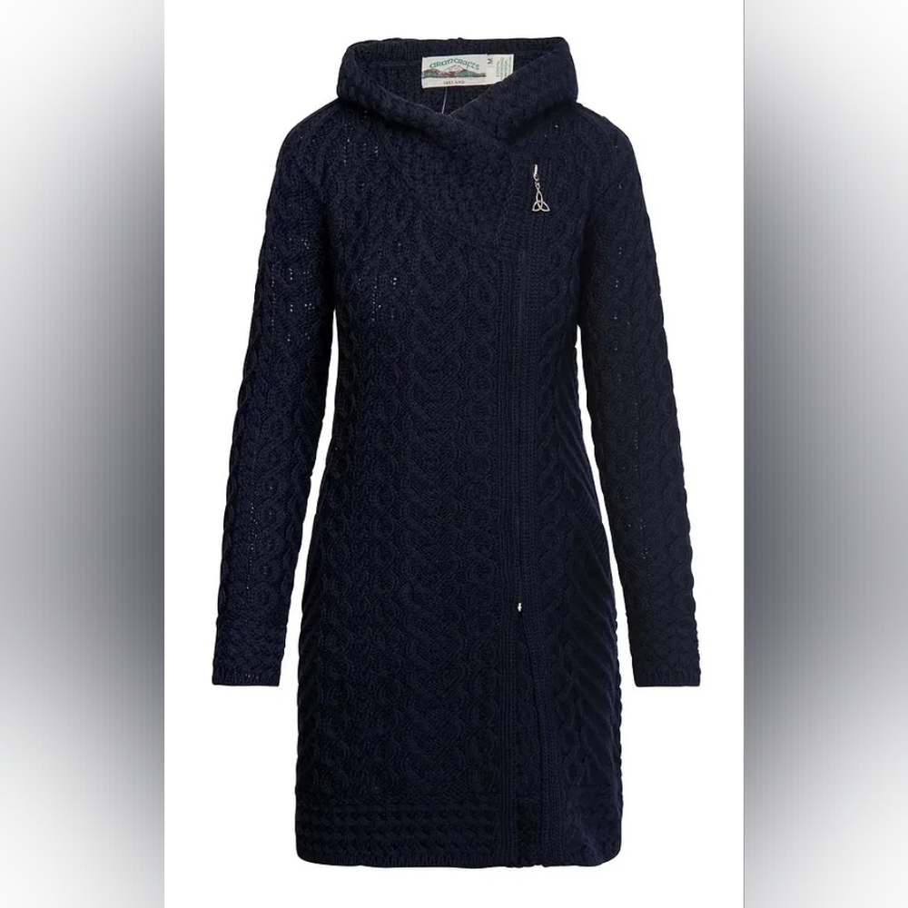House of Bruar Ladies Asymmetric Zip Hood Coat – 100% Merino Wool, Aran Knit